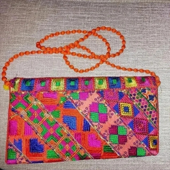 Multicolor Clutch Bag with Thread Embroidery All-Over and Mirrors. - Picture 2 of 8